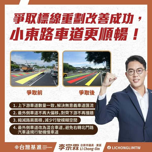 爭取小東路標線重劃，改善車流順暢度