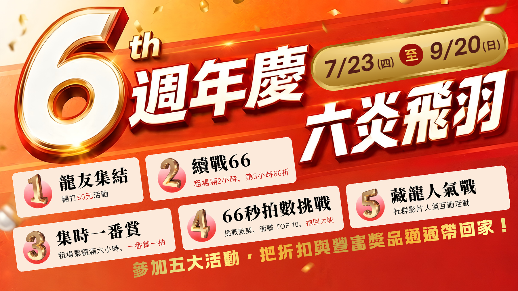 藏龍體育六週年慶「六炎飛羽」羽球活動海報，包含租場優惠、抽獎、66秒拍數挑戰及周年慶限定活動。