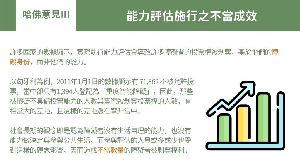 哈佛意見III: 能力評估施行之不當成效 許多國家的數據顯示，實際執行能力評估會導致許多障礙者的投票權被剝奪，基於他們的障礙身份，而非他們的能力。 以匈牙利為例，2011年1月1日的數據顯示有 71,862 不被允許投票，當中卻只有1,394人登記為「重度智能障礙」，因此，那些被懷疑不具備投票能力的人數與實際被剝奪投票權的人數，有相當大的差距，且這樣的差距還在攀升當中。 社會長期的觀念即是認為障礙者沒有生活自理的能力，也沒有能力做決定與參與公共生活，而參與評估的人員或多或少也受到這樣的觀念影響，因而造成不當數量的障礙者被剝奪權利。