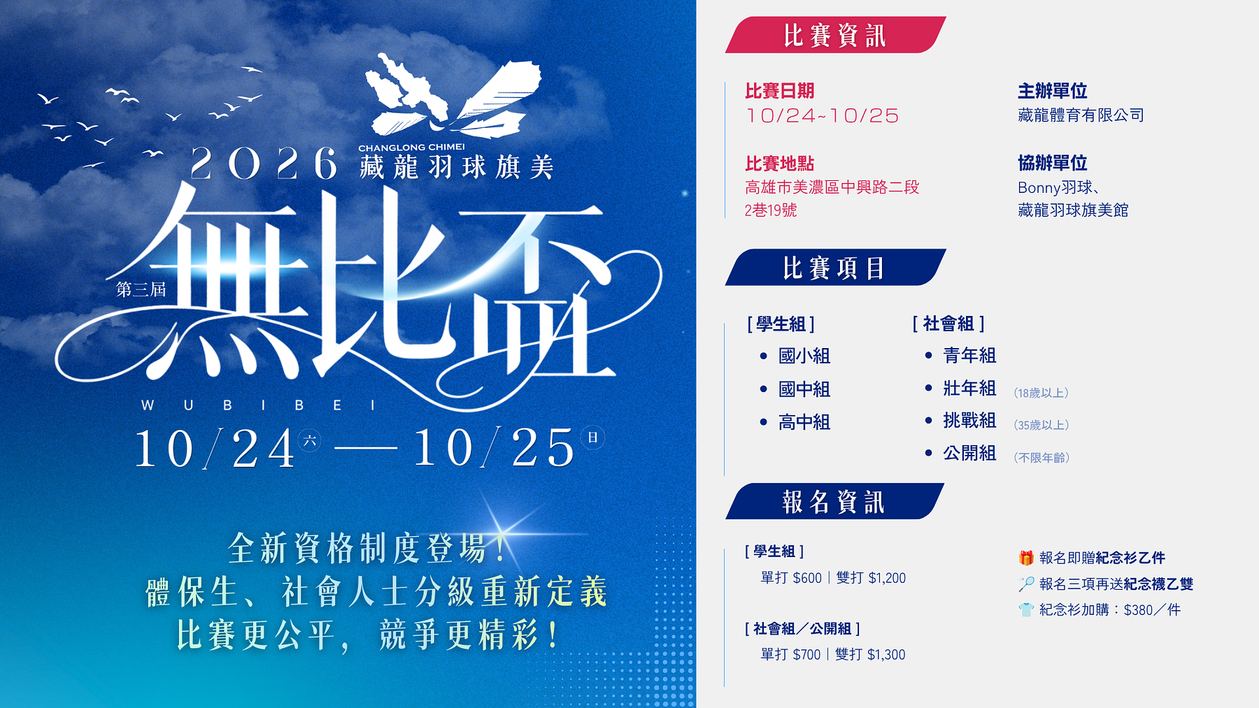 2026第三屆藏龍羽球旗美無比盃 開始報名