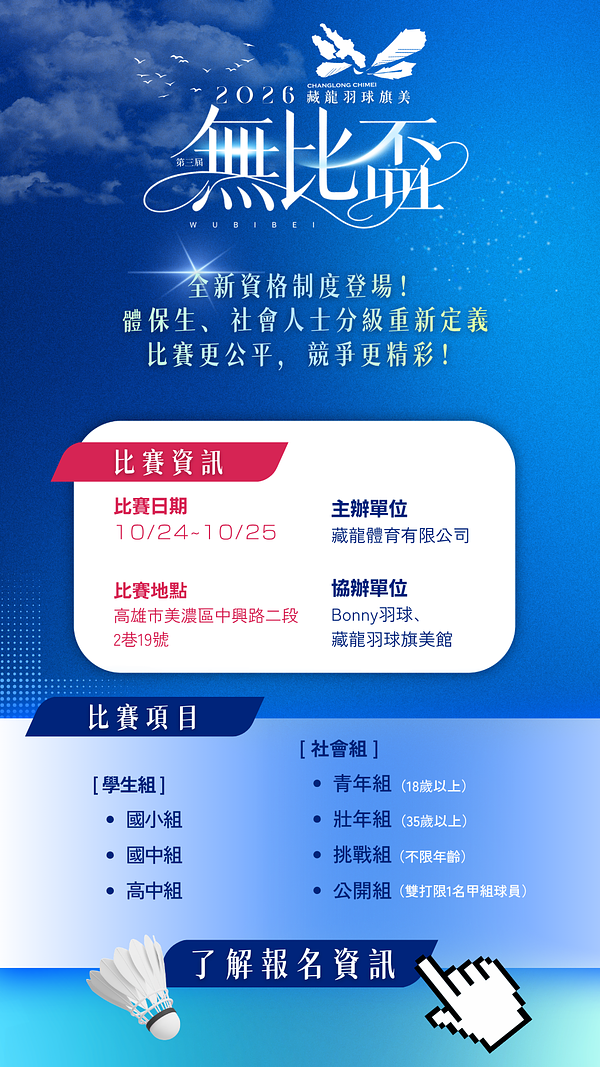 2026第三屆藏龍羽球旗美無比盃 開始報名
