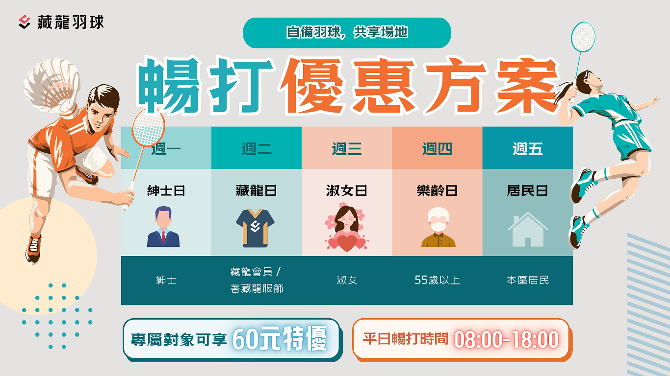 羽球館優惠活動 紳士日 淑女日 樂齡日 平日暢打方案