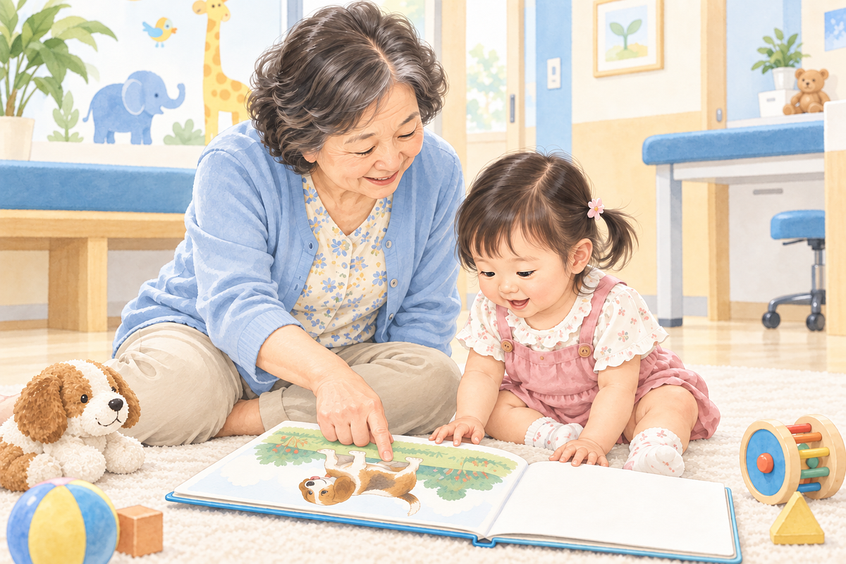 阿嬤指著繪本，孩子跟著看向圖片
