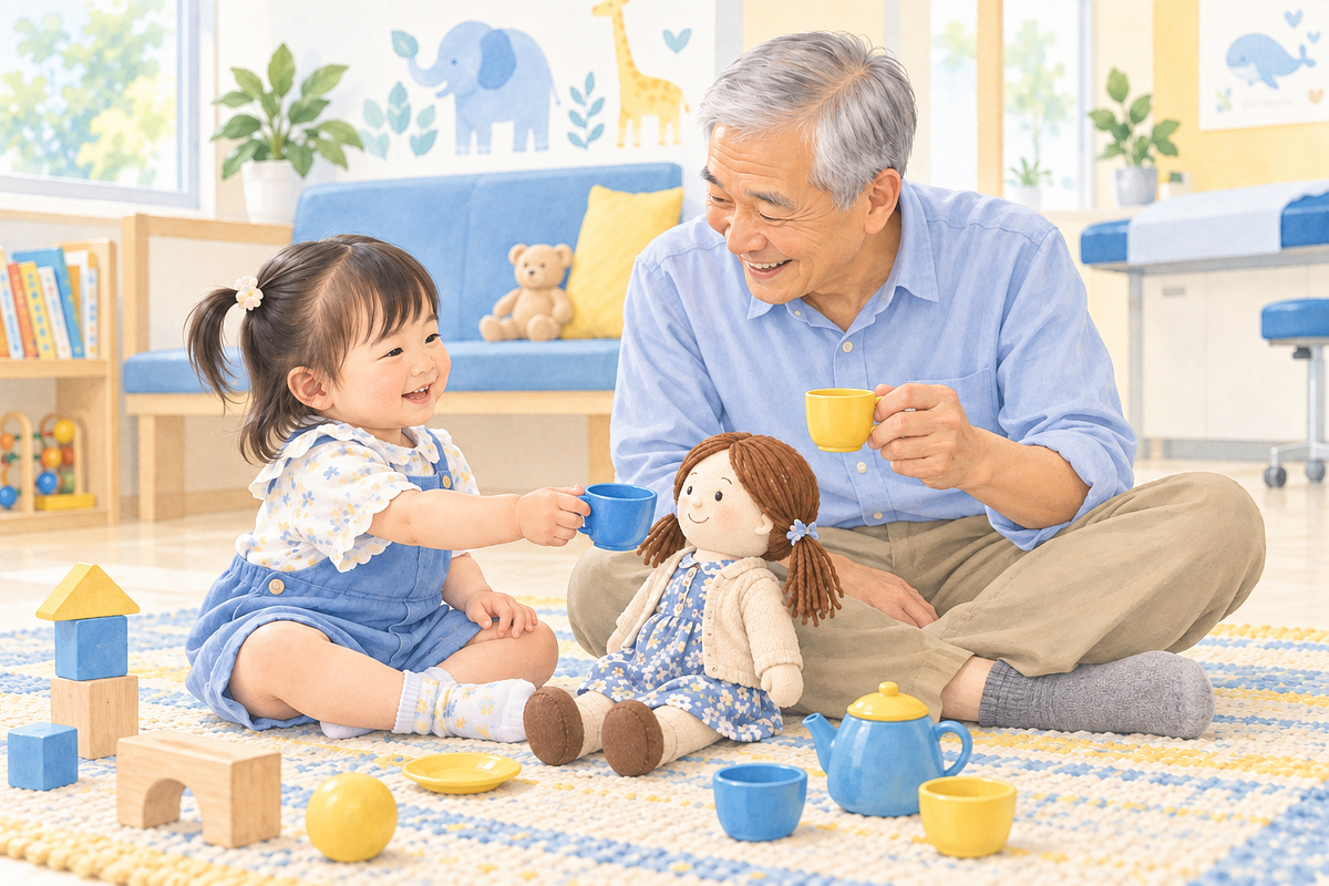 阿公陪孩子假裝拿玩具杯餵娃娃