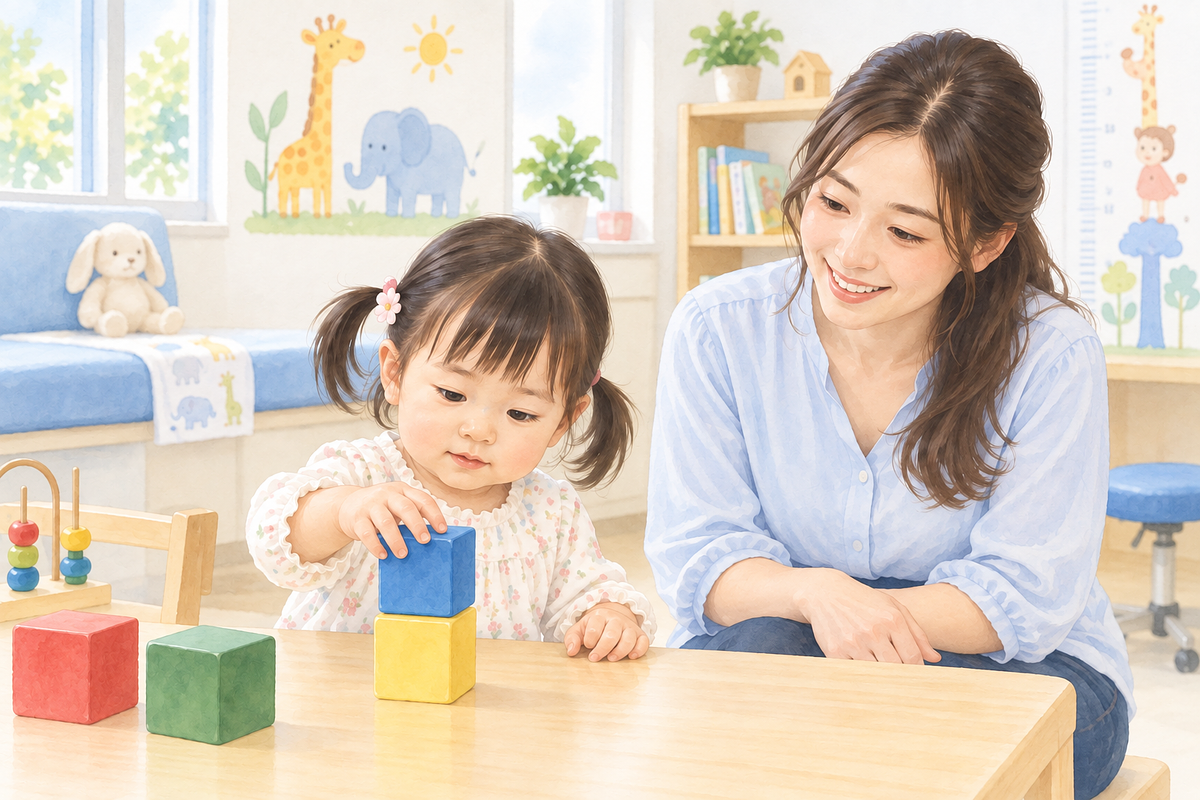 媽媽陪孩子把兩塊積木疊在一起