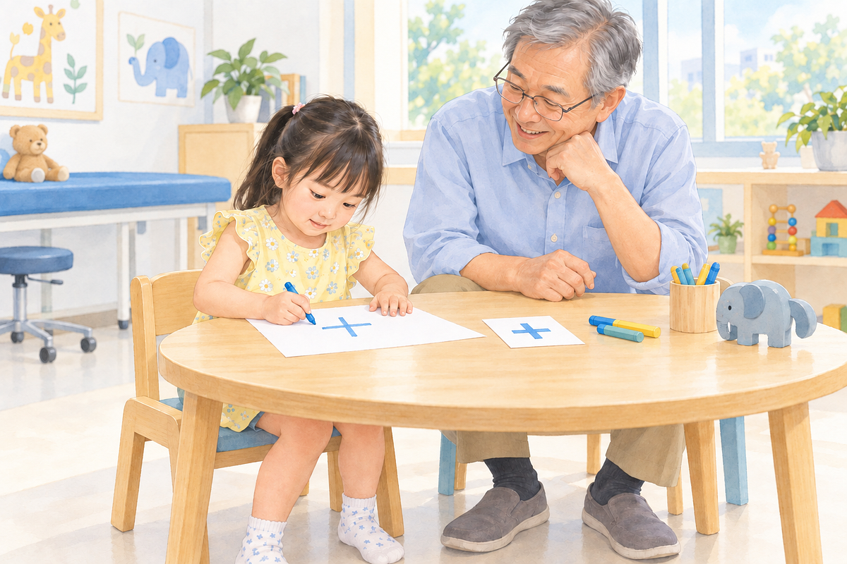 阿公陪孩子看著圖卡畫出十字