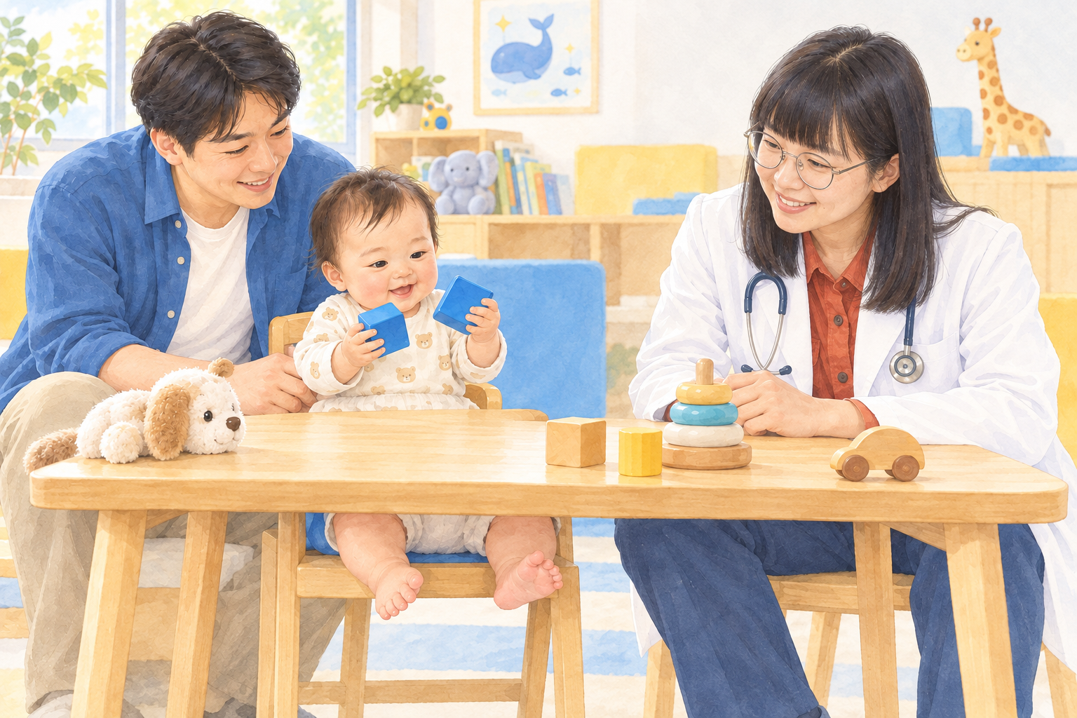 爸爸和李欣穎醫師陪寶寶用雙手拿積木（依李醫師照片繪製的水彩情境示意）