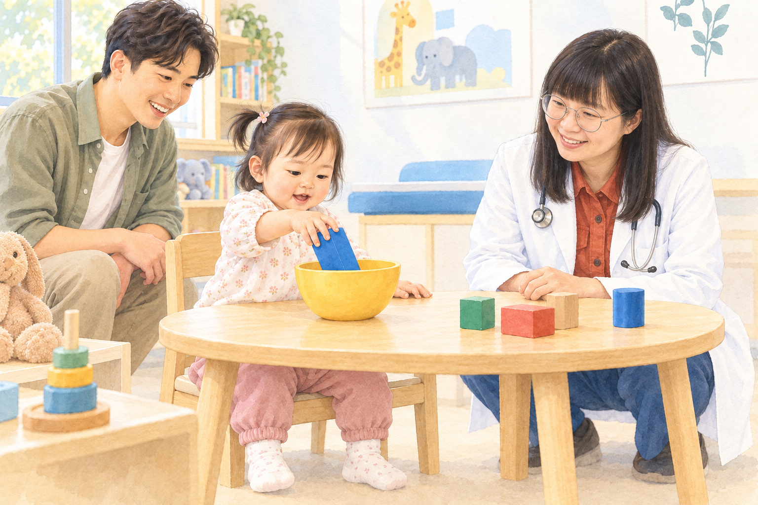 李欣穎醫師觀察孩子把積木放進寬口容器（依李醫師照片繪製的水彩情境示意）