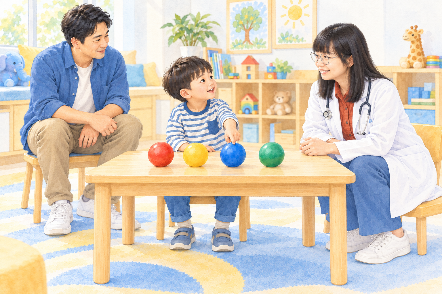李欣穎醫師和孩子用不同顏色的球互動，爸爸在旁聆聽（依李醫師照片繪製的水彩情境示意）