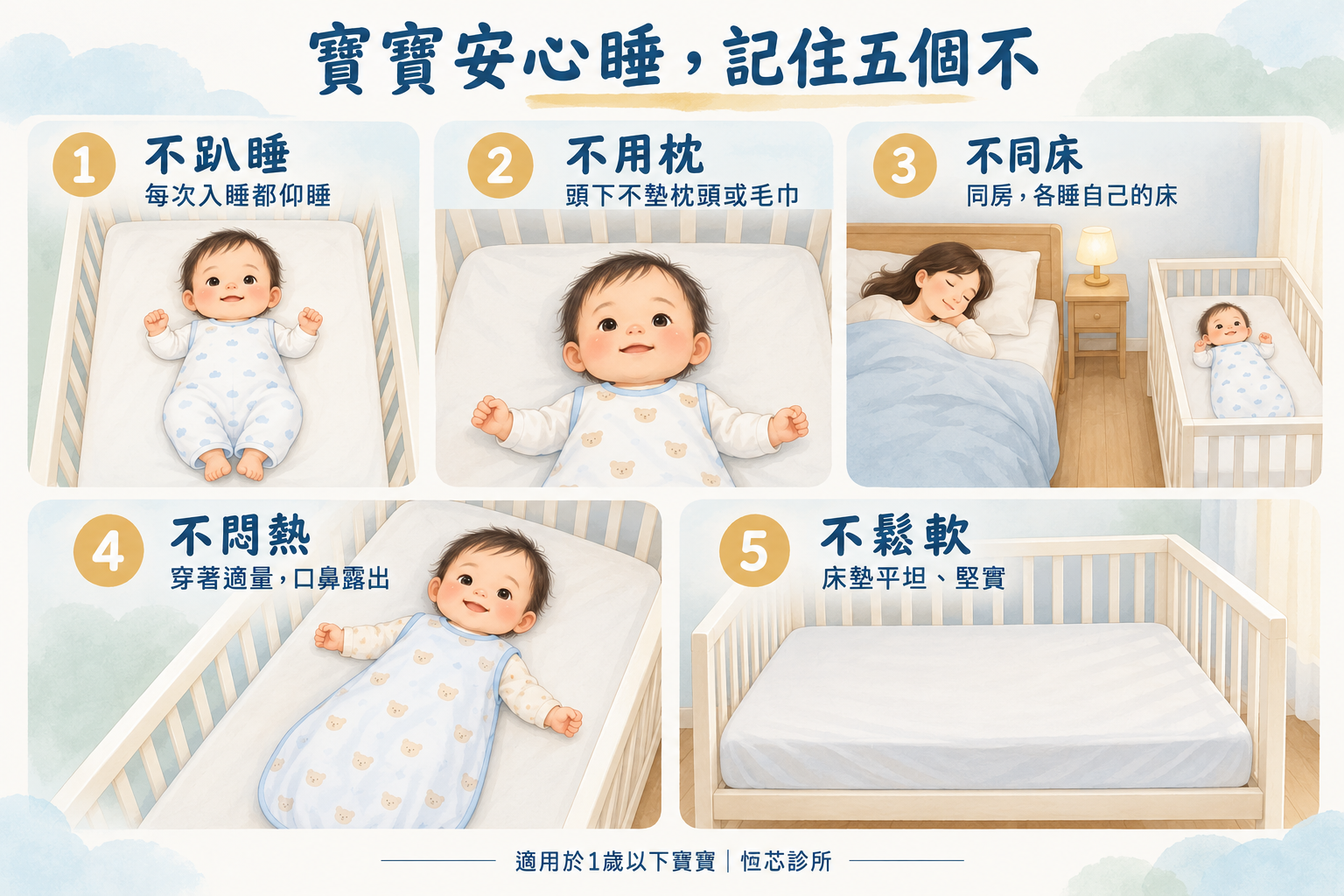五個安全睡眠原則：不趴睡、不用枕、不同床、不悶熱、不鬆軟。
