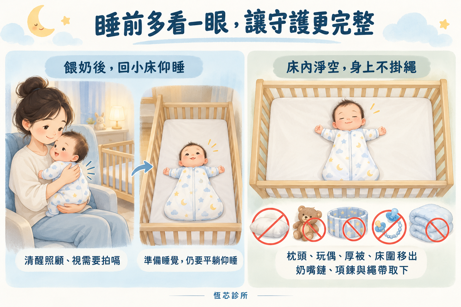餵奶後回小床仰睡，床內淨空，身上不掛繩。