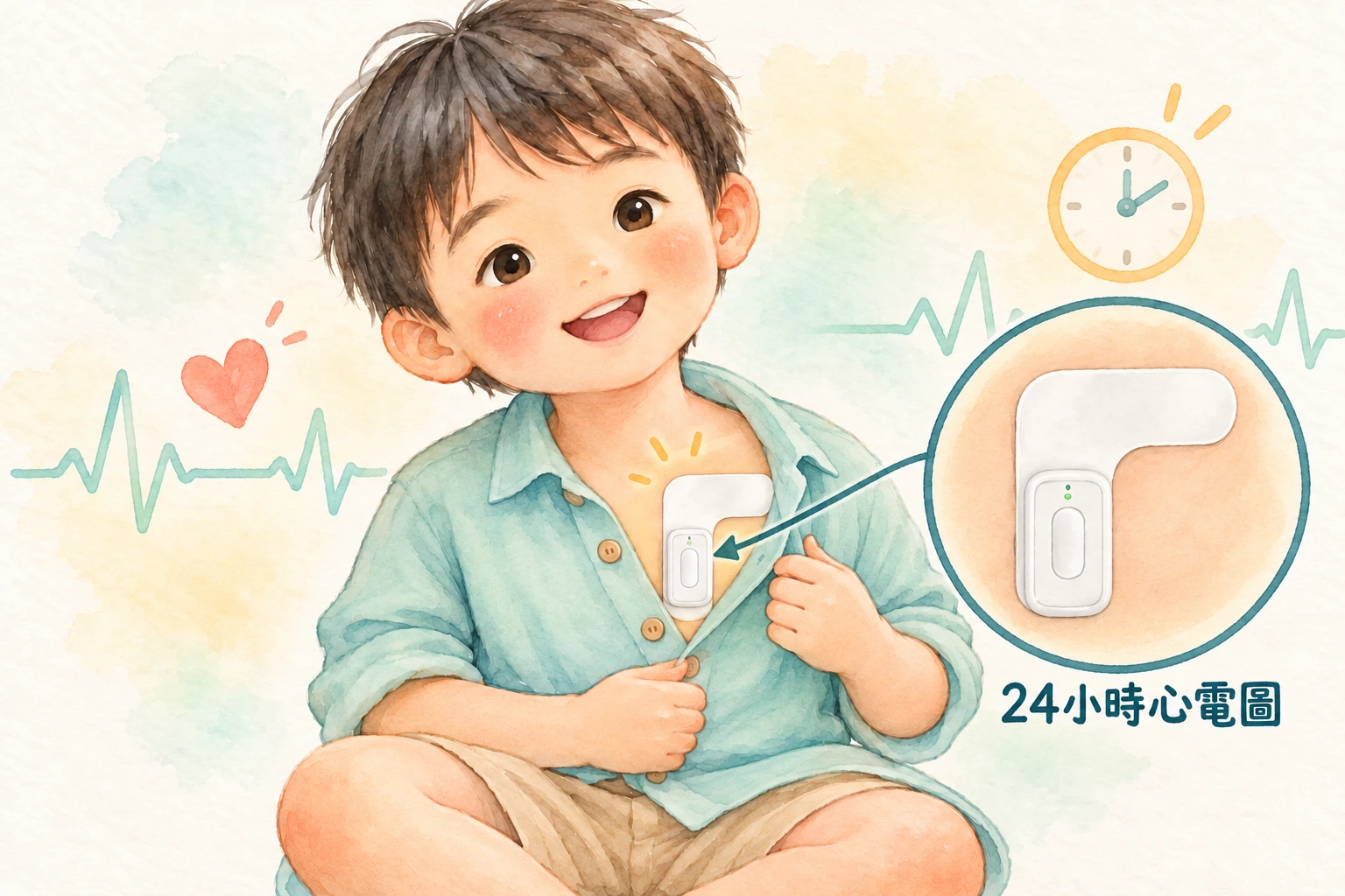 兒童胸前配戴貼片式 24 小時心電圖記錄器的卡通圖，箭頭標示機器位置並放大顯示