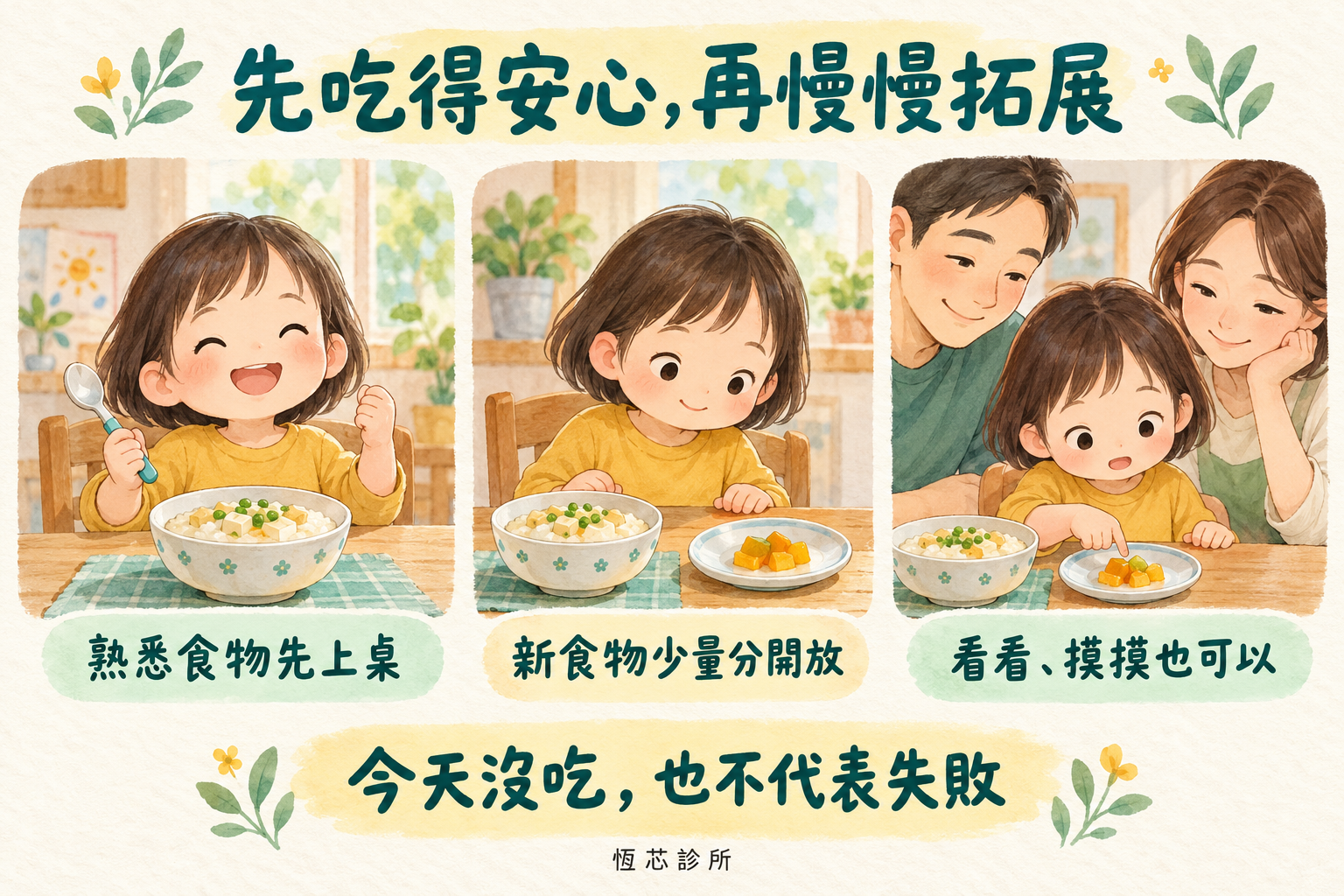 熟悉食物先上桌，新食物少量分開放，看看、摸摸也可以；今天沒吃，也不代表失敗。