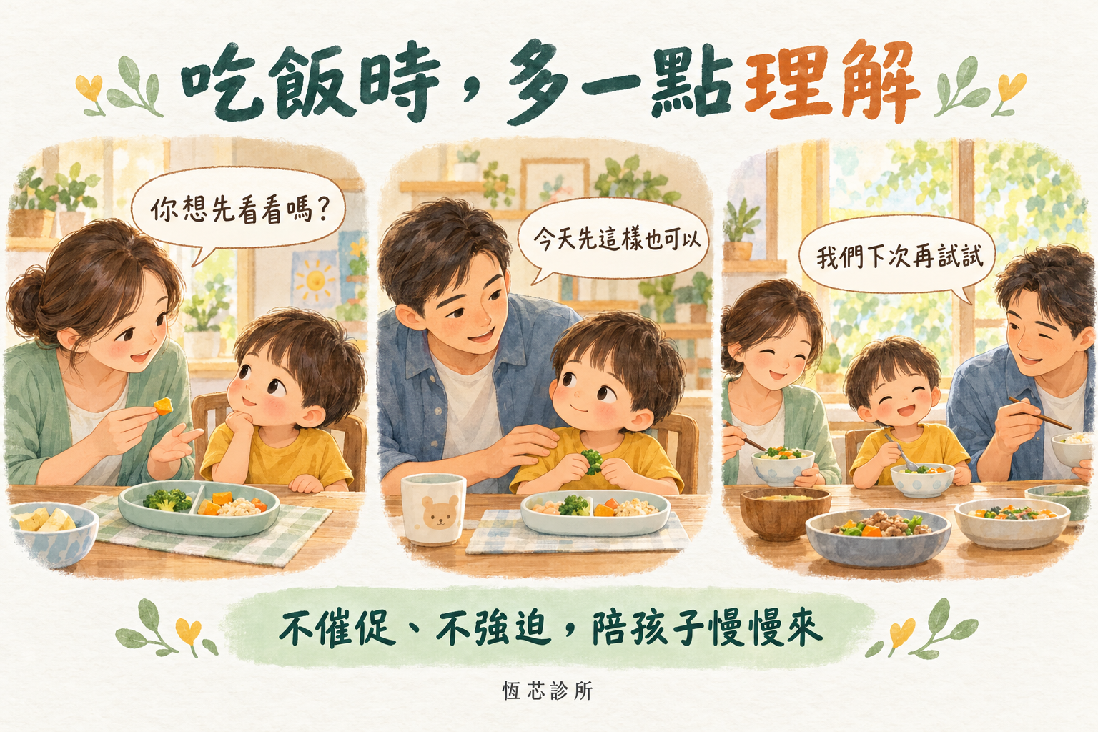 吃飯時多一點理解：你想先看看嗎、今天先這樣也可以、我們下次再試試。