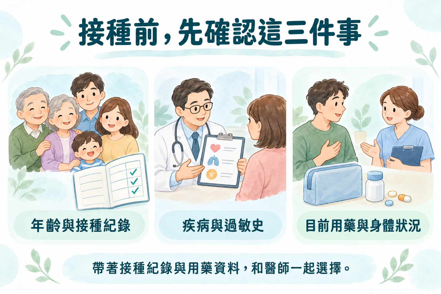 接種前確認年齡與接種紀錄、疾病與過敏史、目前用藥與身體狀況,帶著資料和醫師一起選擇